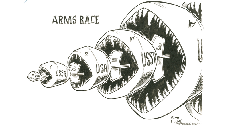 A political cartoon that depicts US & Soviet missiles as sharks emerging from one another's mouths.
