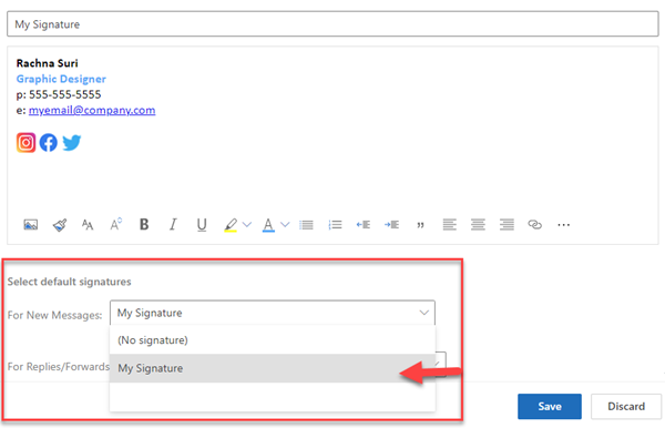 A screenshot of the 'My Signature default' section in Outlook