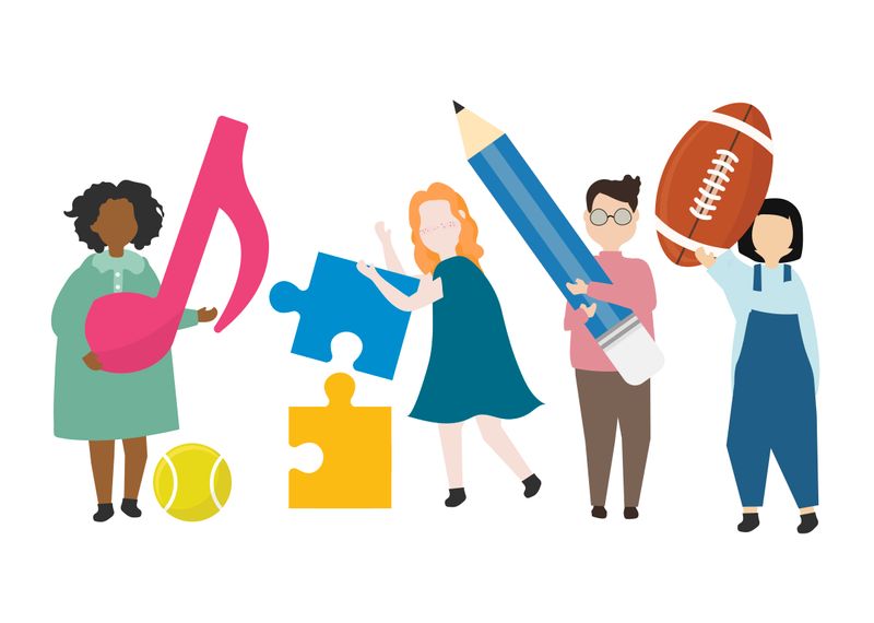 A group of four students holding icons that represent the extra curricular activities they are involved in.