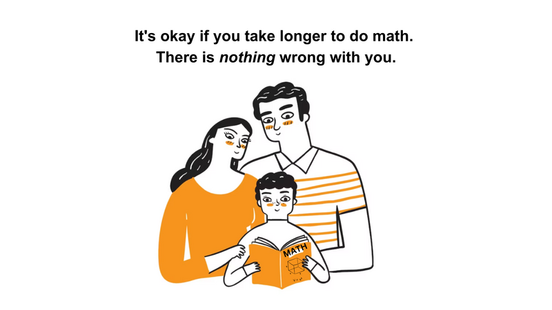 Two cis-presenting parents embrace a child that is reading a math book. It's okay to be slow at math. Nothing wrong with you.