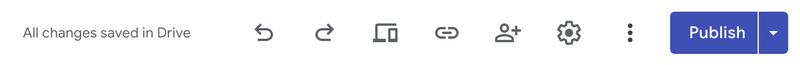 Editing toolbar at the top of Google Sites page with the 'publish' button.