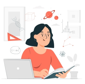 Illustration of female student sitting with laptop reading a book; statistical data symbols floating in the background