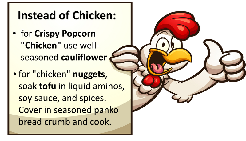 Cartoon chicken giving a thumbs up on the right and a list of chicken substitutes on the left. 