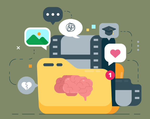 A yellow folder with brain icon and notification badge, film strips and icons for education, emotion, and communication.