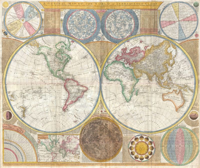 An old map of the word create in 1794 with detailed scientific calculations, diagrams, and descriptions.