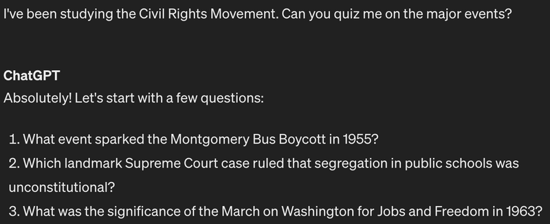 A screenshot of the answer to a ChatGPT prompt asking about the Civil Rights Movement (audio description available below).
