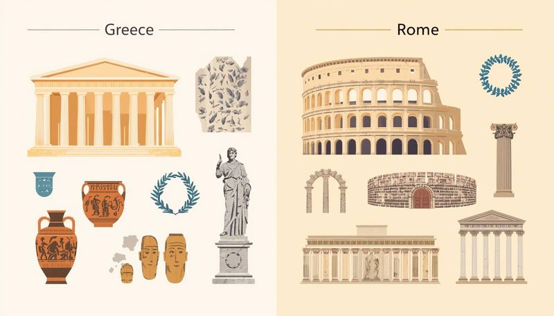 An  illustration comparing Ancient Greece and Rome through their iconic architecture, art, and cultural symbols.