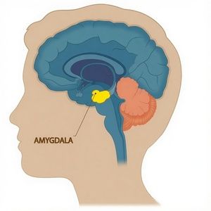 A side-view diagram of a human brain with the amygdala highlighted in yellow and labeled.