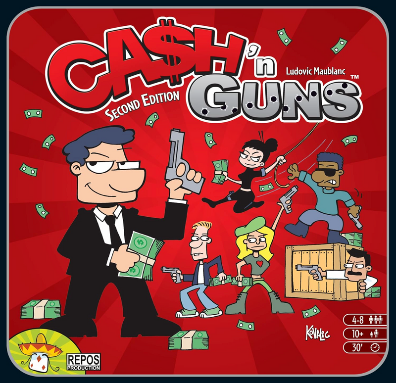The front cover of the board game Cash n Guns, depicting several thieves with guns and money