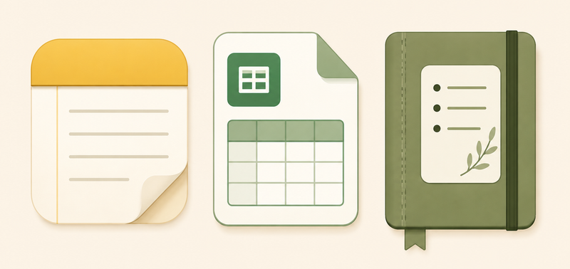 Icons representing a notes app, spreadsheet, and bullet journal.
