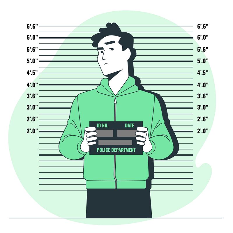 An illustration depicting a man posing for a mug shot at a police department.