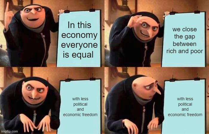 Gru shows his plan for an economy based on equality. He looks dismayed at the thought of less political and economic freedom.