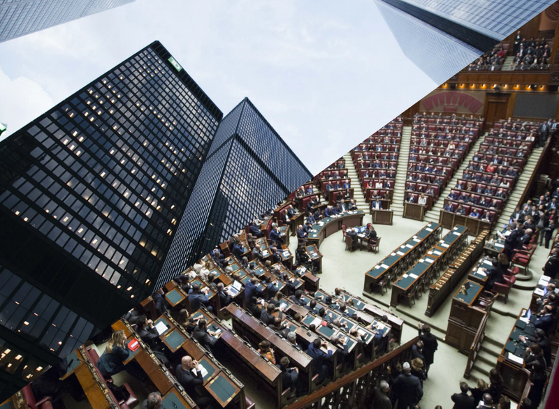 A large building, and a government chamber