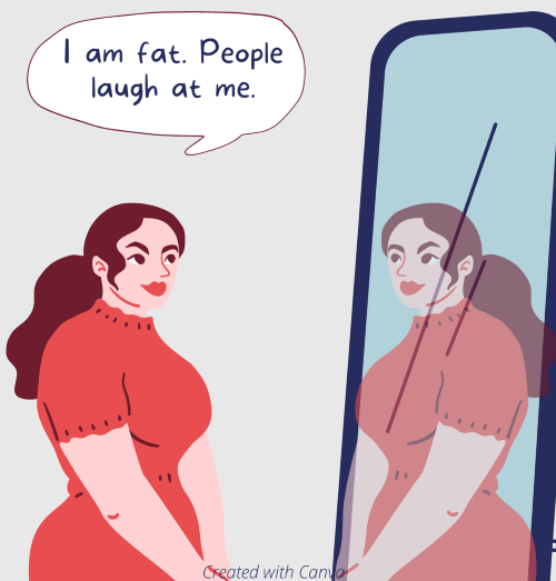 Woman looking in the mirror and saying, 'I am fat. People laugh at me.' Improve your self esteem.