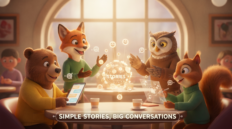 Animal characters exploring how to build conversational stories around a glowing ‘Stories’ orb.
