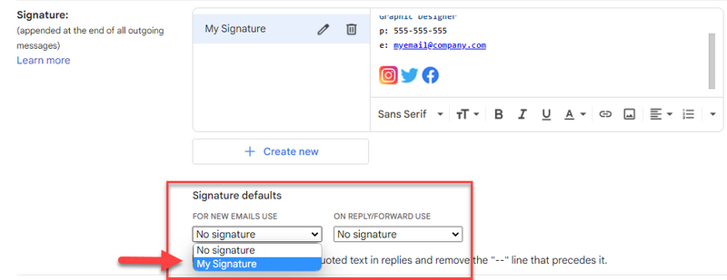A screenshot of the signature defaults in Gmail