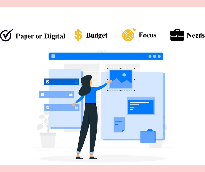 An illustration of woman selecting organizational tools based on material, budget, focus, and needs.