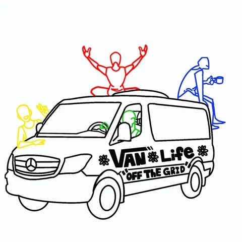 Four vector characters, yellow, red, green, and blue enjoying themselves around a van with the words 