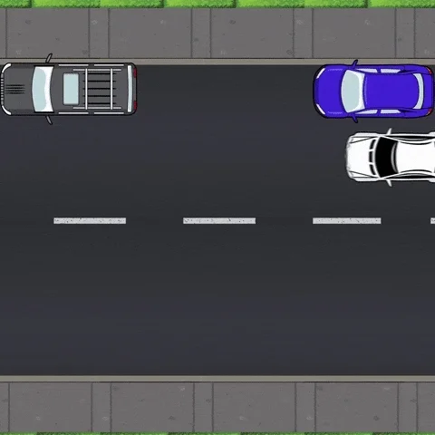 An overhead animation breaking down the steps of parallel parking with angled markers.