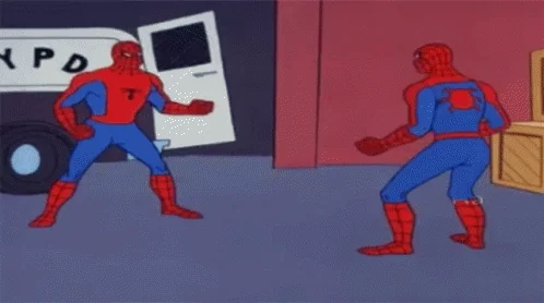 Two Spidermen facing each other and pointing. 