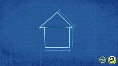 A cartoon house being built by animal architects.