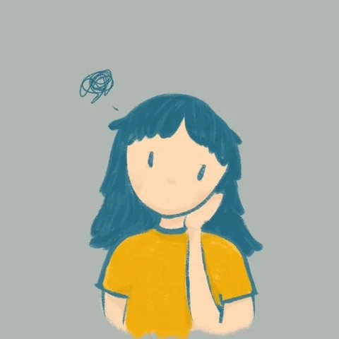 Animation of a sad girl looking thoughtful.