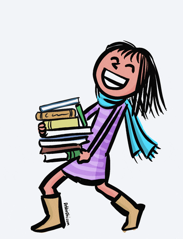Happy young woman wearing scarf boots and dress holding growing pile of books GIF