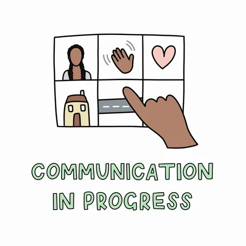 Comic of a finger pointing to images on a grid. The text reads, 'communication in progress.'