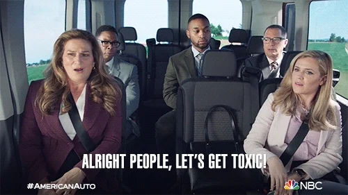 A manager travelling in a van with nervous coworkers. She says, 