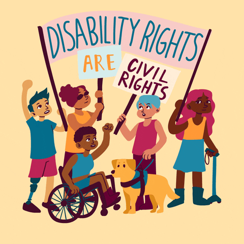 An animation of a group of people holding sings that say, 'Disability rights are civil rights'