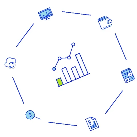 A graphic of icons: coin, budget sheet, calculator, expense graph, computer screen, and cloud app.
