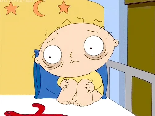 Stewie stares blankly while rocking in his crib.
