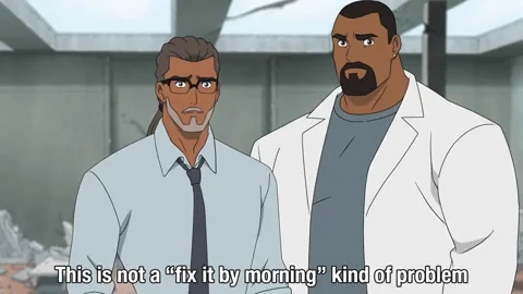 Two men in lab coats standing in a damaged room. One says, "This is not a 'fix it by morning' kind of problem."