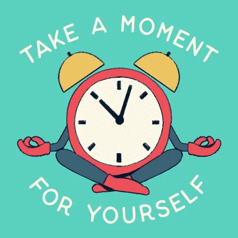 A clock sitting in a meditation pose. The text reads: 