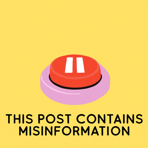 A person pressing down on a button. The text reads, 'This post contains misinformation.'