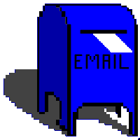 A pixelated cartoon of a blue mailbox that says 