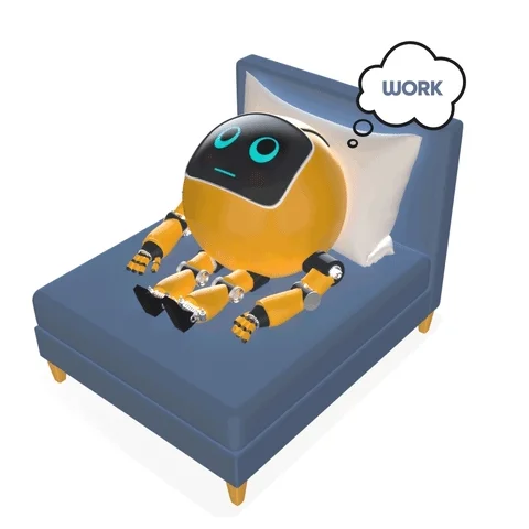 A robot lying in bed thinking about work.