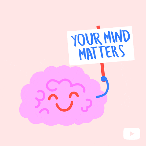 GIF of happy brain holding a sign that says, 
