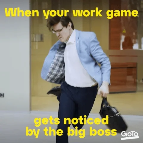 A man dancing with a work bag. The text reads: 