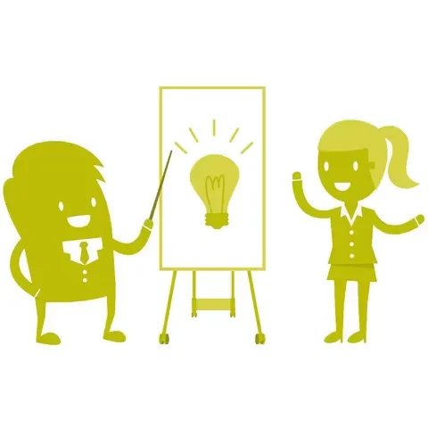 An animated character teaching a girl in front of a whiteboard with a glowing light bulb drawn on it.