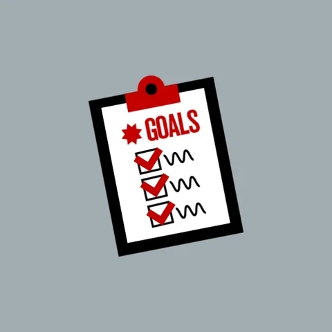 A clipboard with a “Goals” checklist where each box is checked off, and the page lifts off the clipboard.