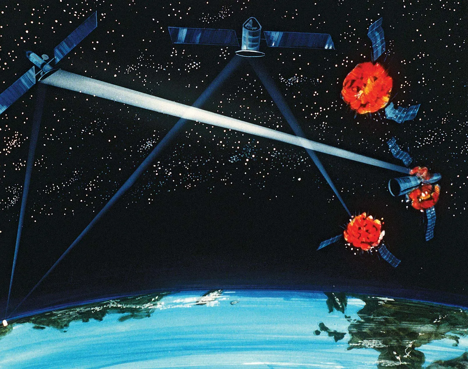 An illustration depicting a space-based laser system.