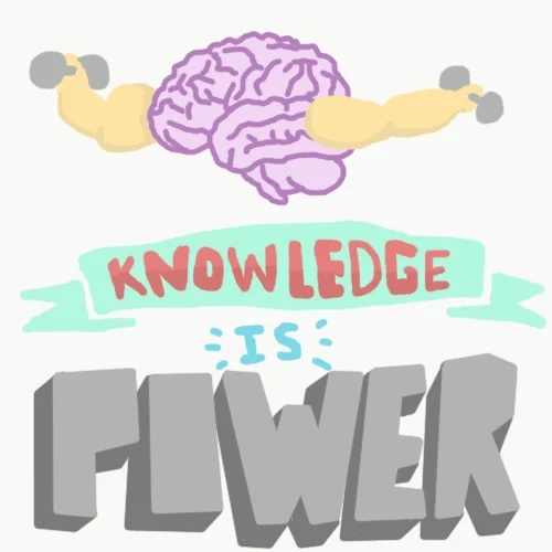 A cartoon brain lifts weights. The text reads: "Knowledge is Power"