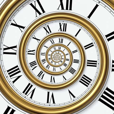 A spiral clock with Roman numerals.