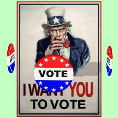 Animated Uncle Sam poster reading I want you to vote surrounded by rotating vote buttons