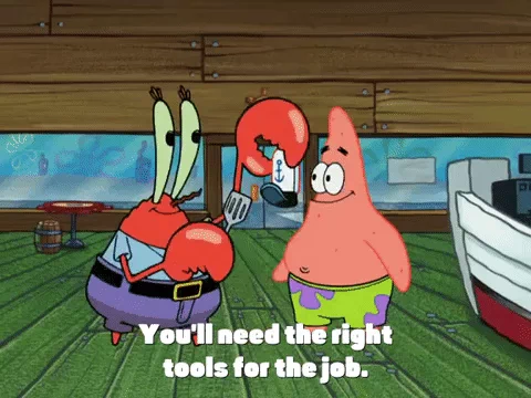 Mr Krabs puts a chef hat on Patrick's head and a spatula in his hand. Text reads "You'll need the right tools for the job."