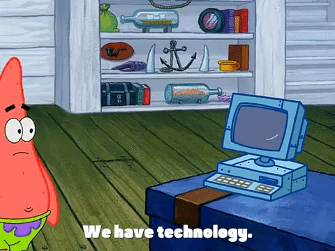 Patrick pointing at a computer and telling Sponge Bob, 