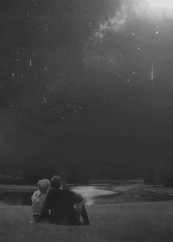 Two people are sitting on grass, stargazing