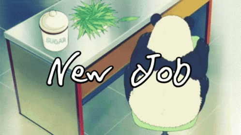 A panda spinning around on a chair behind the text 'new job'