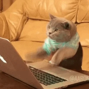 A cat wearing pants and a shirt is typing quickly on a MacBook laptop.